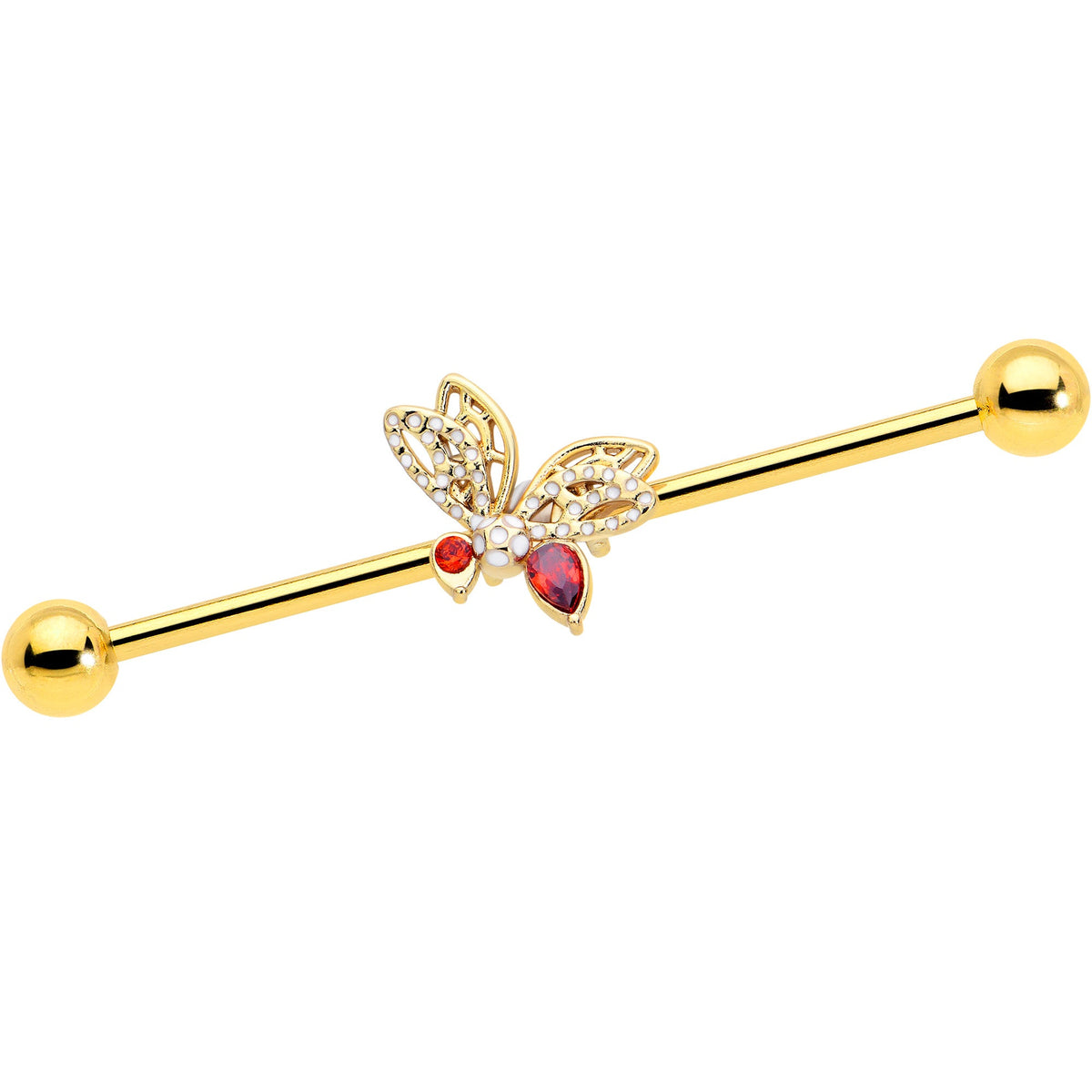 14G Red CZ Gem Gold Tone Drama Butterfly Industrial Barbell 38mm
