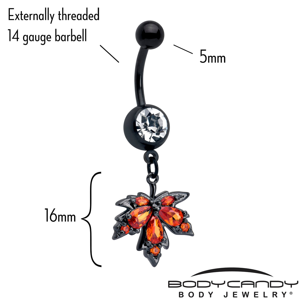 Orange CZ Gem Black Autumn Leaf Dangle Belly Ring