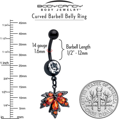 Orange CZ Gem Black Autumn Leaf Dangle Belly Ring