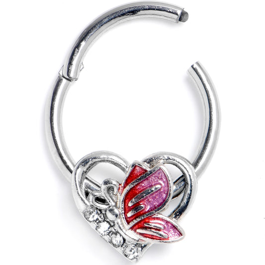 16G 3/8 Clear Gem Butterfly Love Heart Pink Hinged Segment Ring