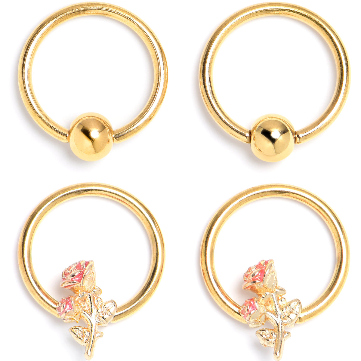 16G 3/8 Gold Tone Regal Rose BCR Captive Ring Set of 4