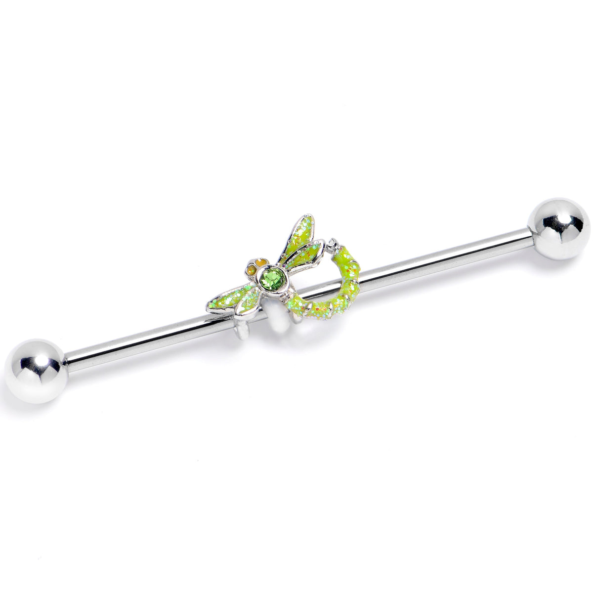 14G Green Gem Glitter Dragonfly Industrial Barbell 38mm