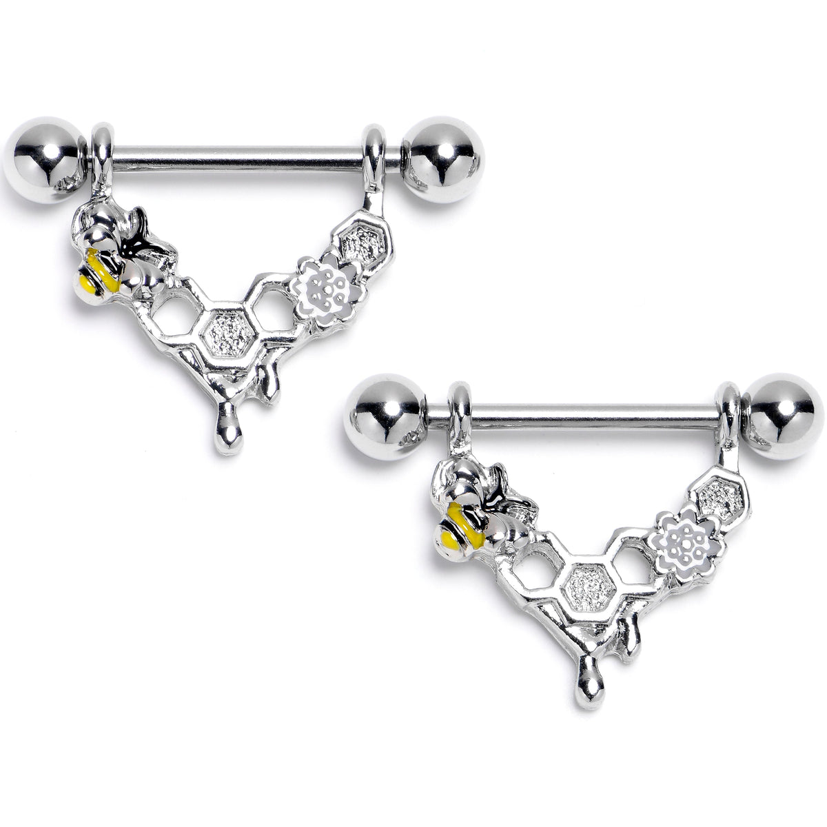 14G 9/16 Bee Hive Honey Dripper Dangle Nipple Ring Set