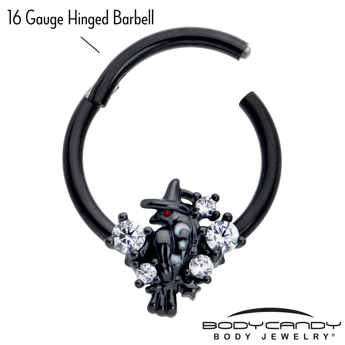 16G 3/8 Clear CZ Gem Black Raven Witch Hinged Segment Ring