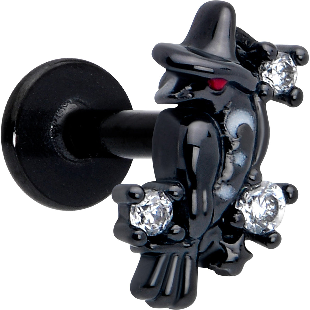 16G 1/4 Clear CZ Gem Black Raven Witch Labret Monroe Tragus