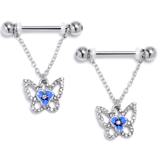 14G 9/16 Clear Gem Fabulous Butterfly Blue Dangle Nipple Ring Set