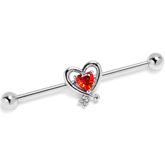 14G Red CZ Gem Wrapped in Heart Industrial Barbell 38mm