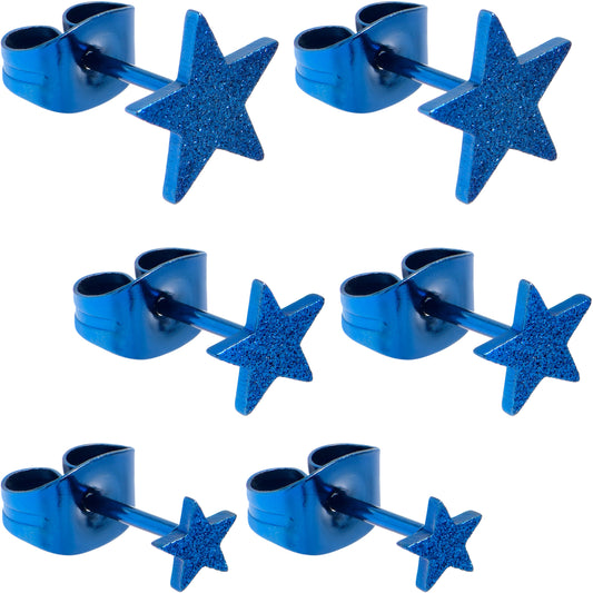 4mm-8mm Stars Stud Blue 316L Stainless Steel Earrings 6 Pack