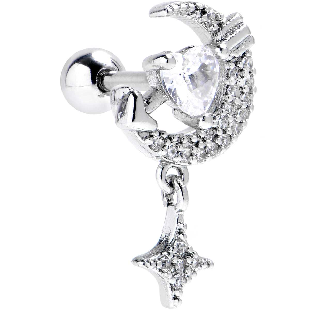 16G 1/4 Clear CZ Gem Moon Lover Cartilage Tragus Earring