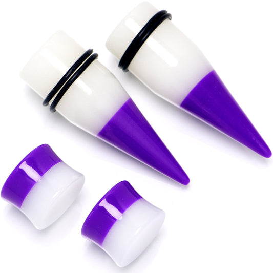 Purple White Acrylic Glow in the Dark Taper Saddle Plug Set 8mm to 16mm Sizes