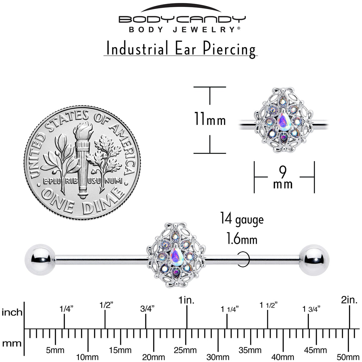 14G Aurora Gem Retro Sunburst Industrial Barbell 38mm