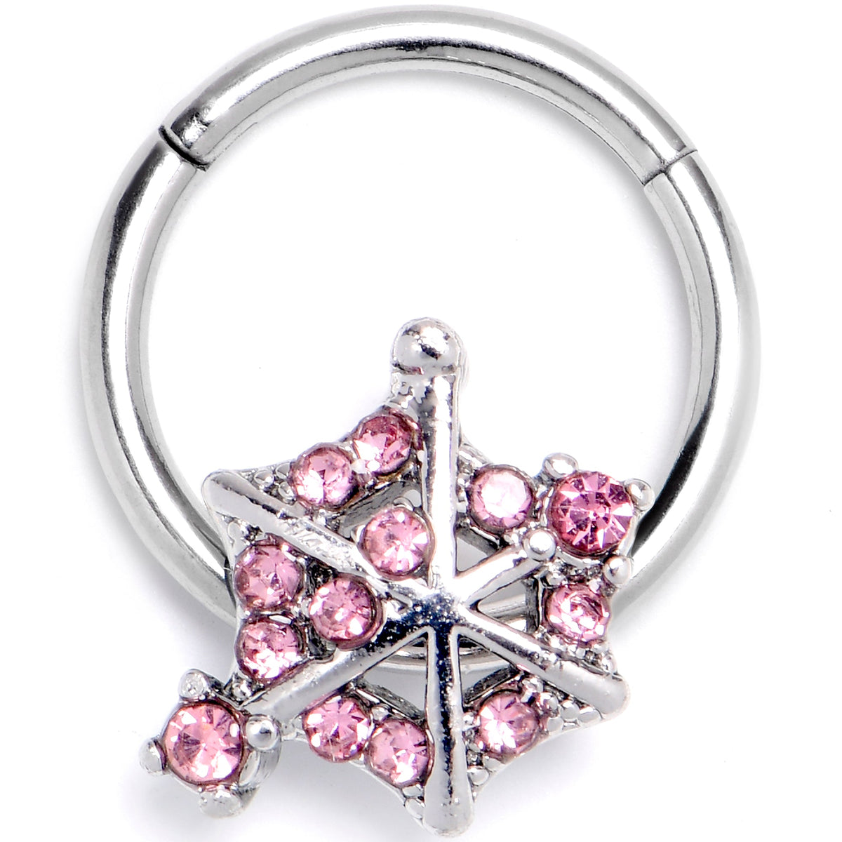 16G 3/8 Pink Gem Spiderweb Goth Hinged Segment Ring