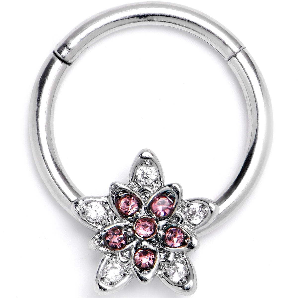 16G 3/8 Pink Clear CZ Gem Snowflake Flower Hinged Segment Ring