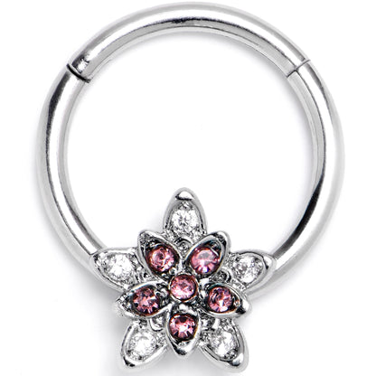 16G 3/8 Pink Clear CZ Gem Snowflake Flower Hinged Segment Ring