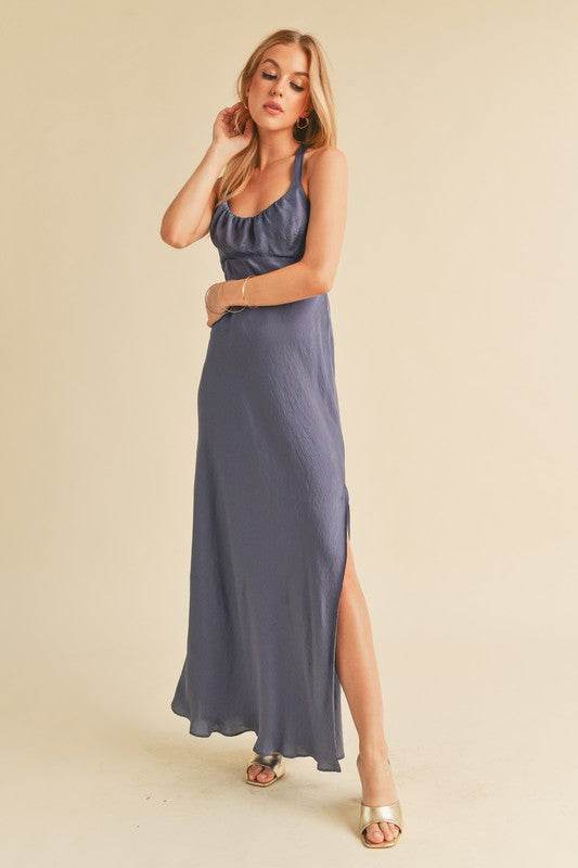 Aemi + Co Ruched Side Slit Cutout Back Maxi Cami Dress