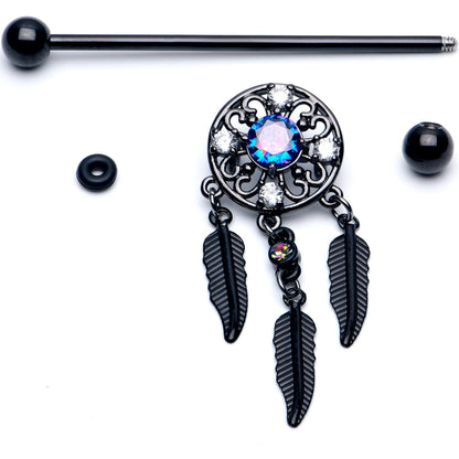 14G Aurora CZ Gem Black Dreamcatcher Dangle Industrial Barbell 38mm
