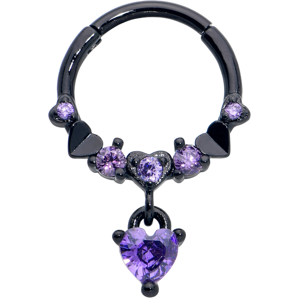 16G 3/8 Purple CZ Gem Black Love Heart Dangle Hinged Segment Ring