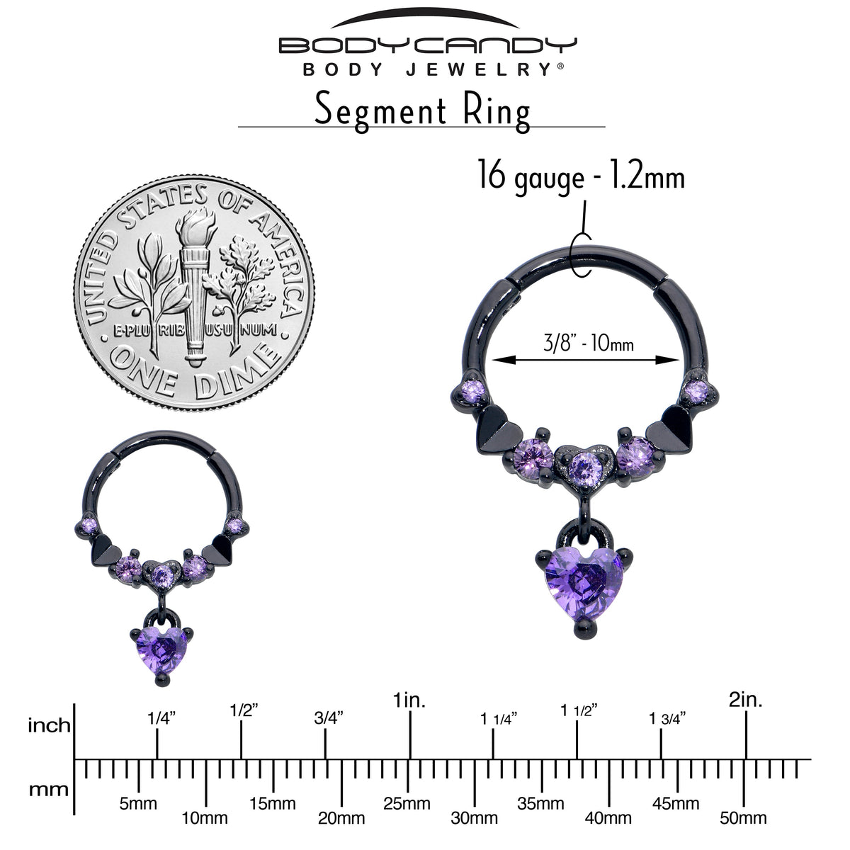 16G 3/8 Purple CZ Gem Black Love Heart Dangle Hinged Segment Ring