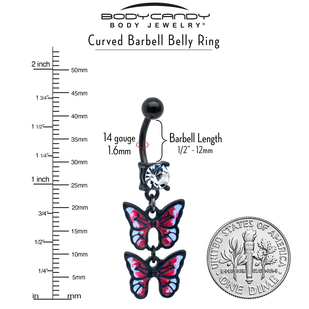 Clear CZ Gem Black Butterfly Duo Red Dangle Belly Ring