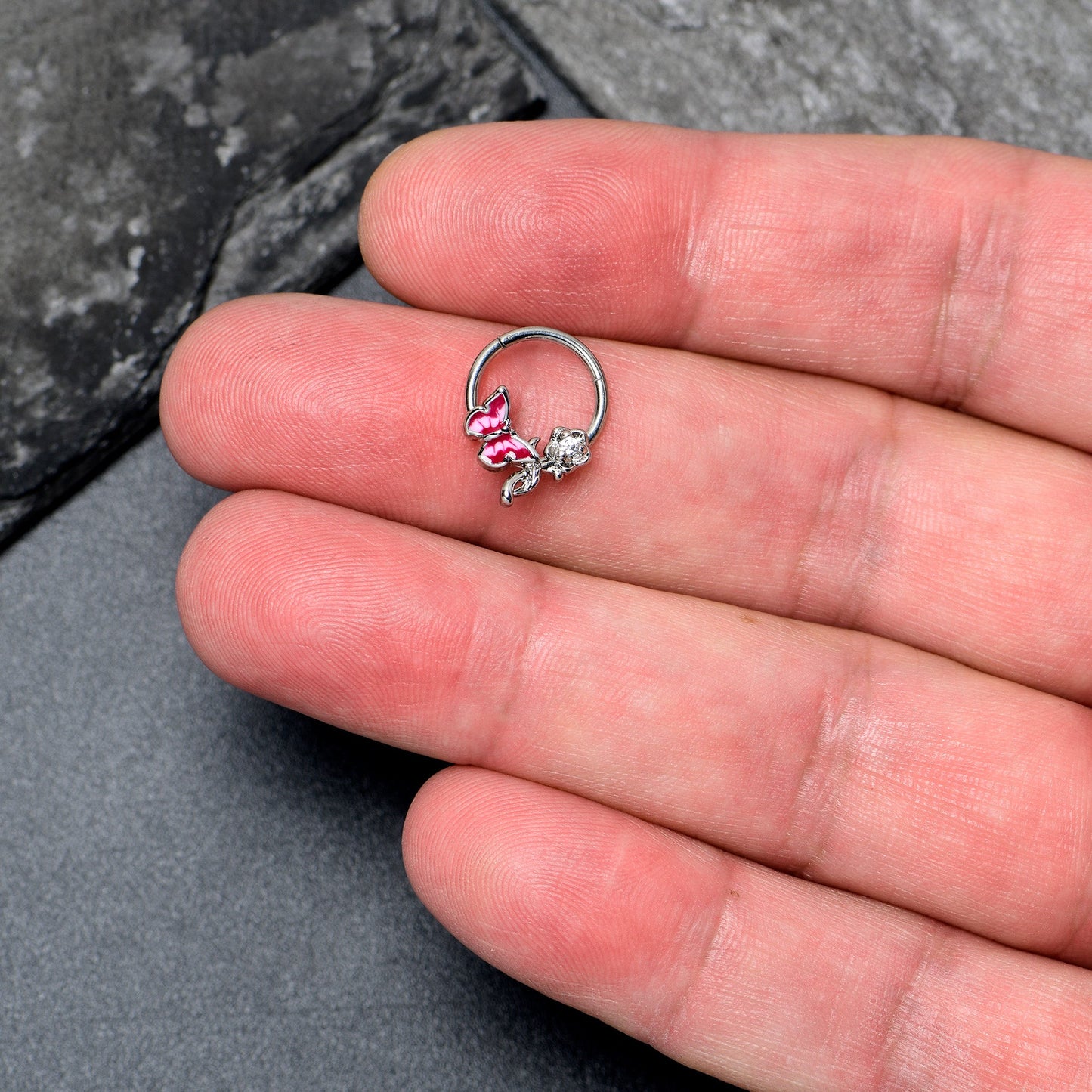 16G 3/8 Clear CZ Gem Butterfly Rose Flower Pink Hinged Segment Ring