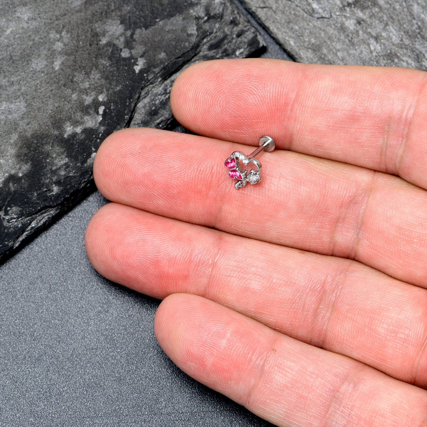 16G 5/16 Clear CZ Gem Butterfly Rose Pink Internally Threaded Labret