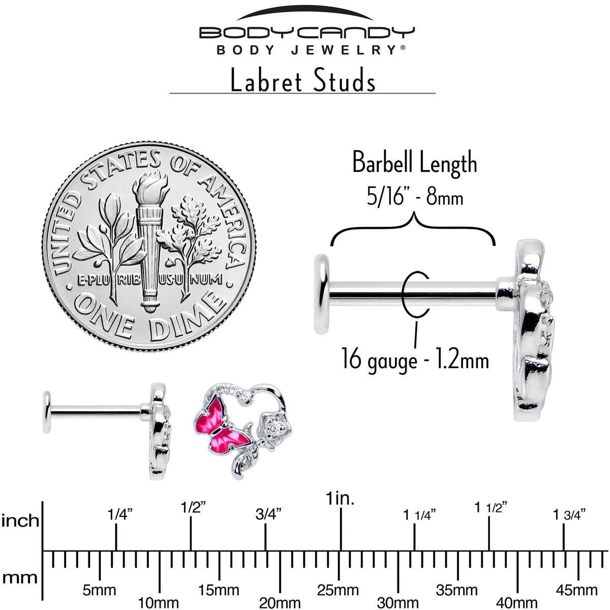 16G 5/16 Clear CZ Gem Butterfly Rose Pink Internally Threaded Labret