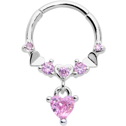 16G 3/8 Pink CZ Gem Love Heart Dangle Hinged Segment Ring
