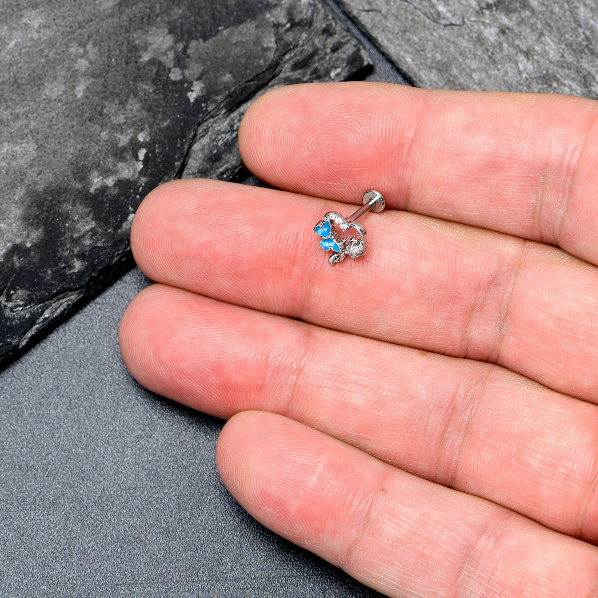 16G 5/16 Clear CZ Gem Butterfly Rose Blue Internally Threaded Labret