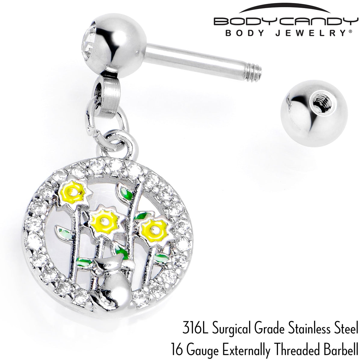 16G 1/4 Clear Gem Cat Yellow Flowers Dangle Cartilage Earring