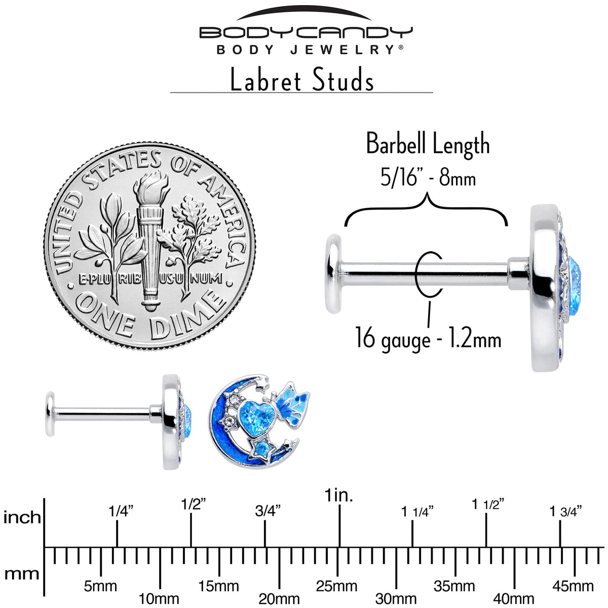 16G 5/16 Blue CZ Gem Butterfly Love Heart Labret Monroe Tragus