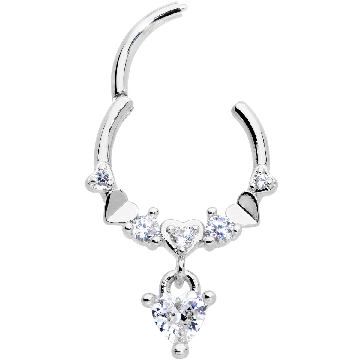 16G 3/8 Clear CZ Gem Love Heart Dangle Hinged Segment Ring