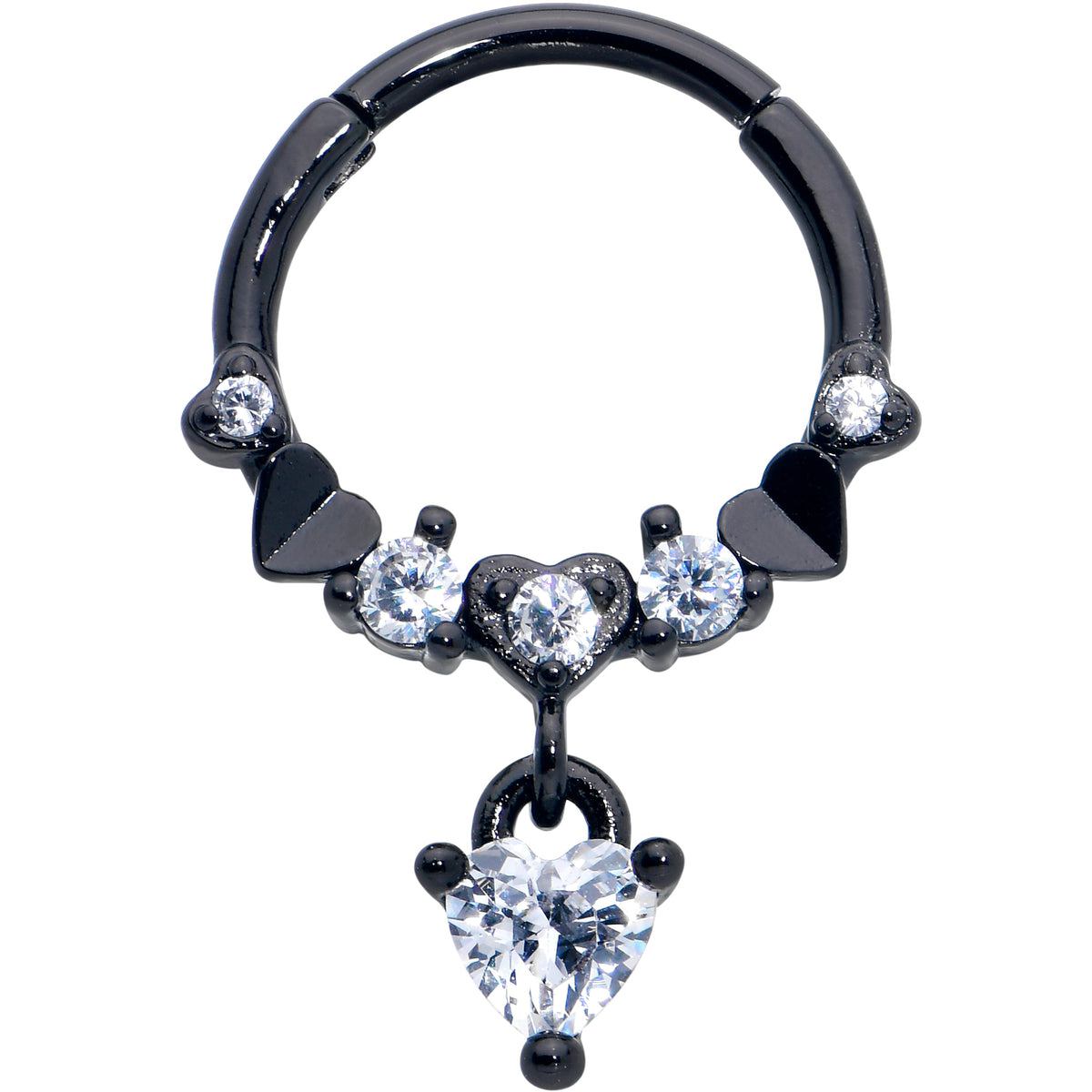 16G 3/8 Clear CZ Gem Black Love Heart Dangle Hinged Segment Ring