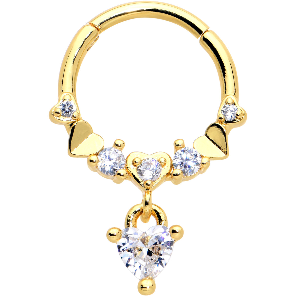 16G 3/8 Clear CZ Gem Gold Tone Love Heart Dangle Hinged Segment Ring