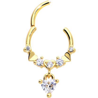 16G 3/8 Clear CZ Gem Gold Tone Love Heart Dangle Hinged Segment Ring