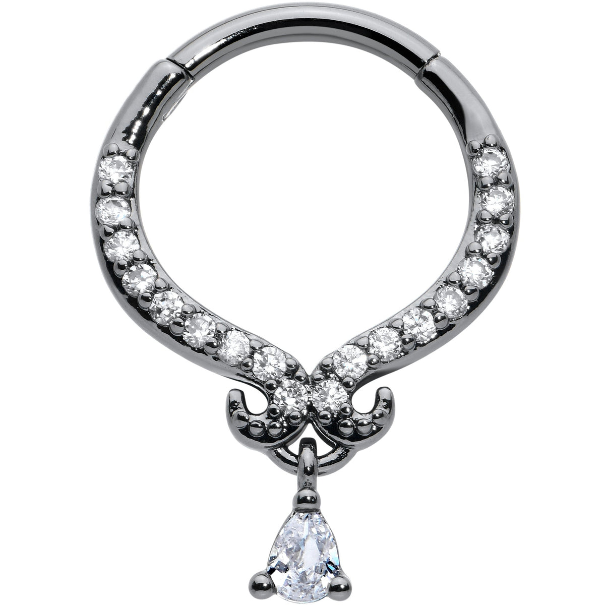 16G 3/8 Clear CZ Gem Black Elegant Curves Hinged Segment Ring