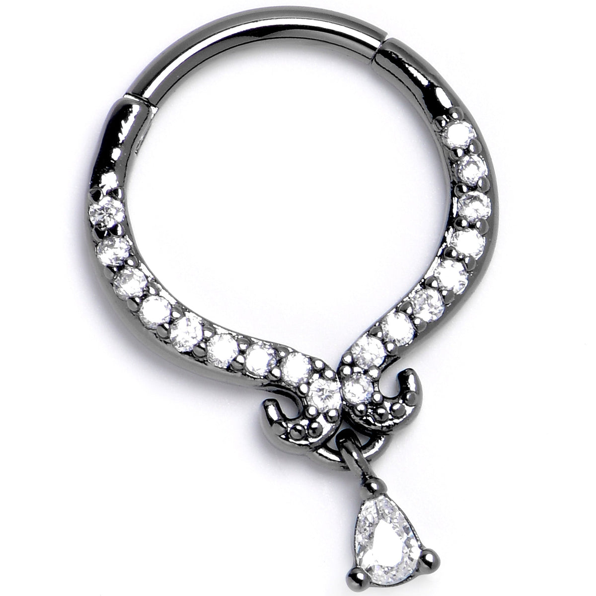 16G 3/8 Clear CZ Gem Black Elegant Curves Hinged Segment Ring