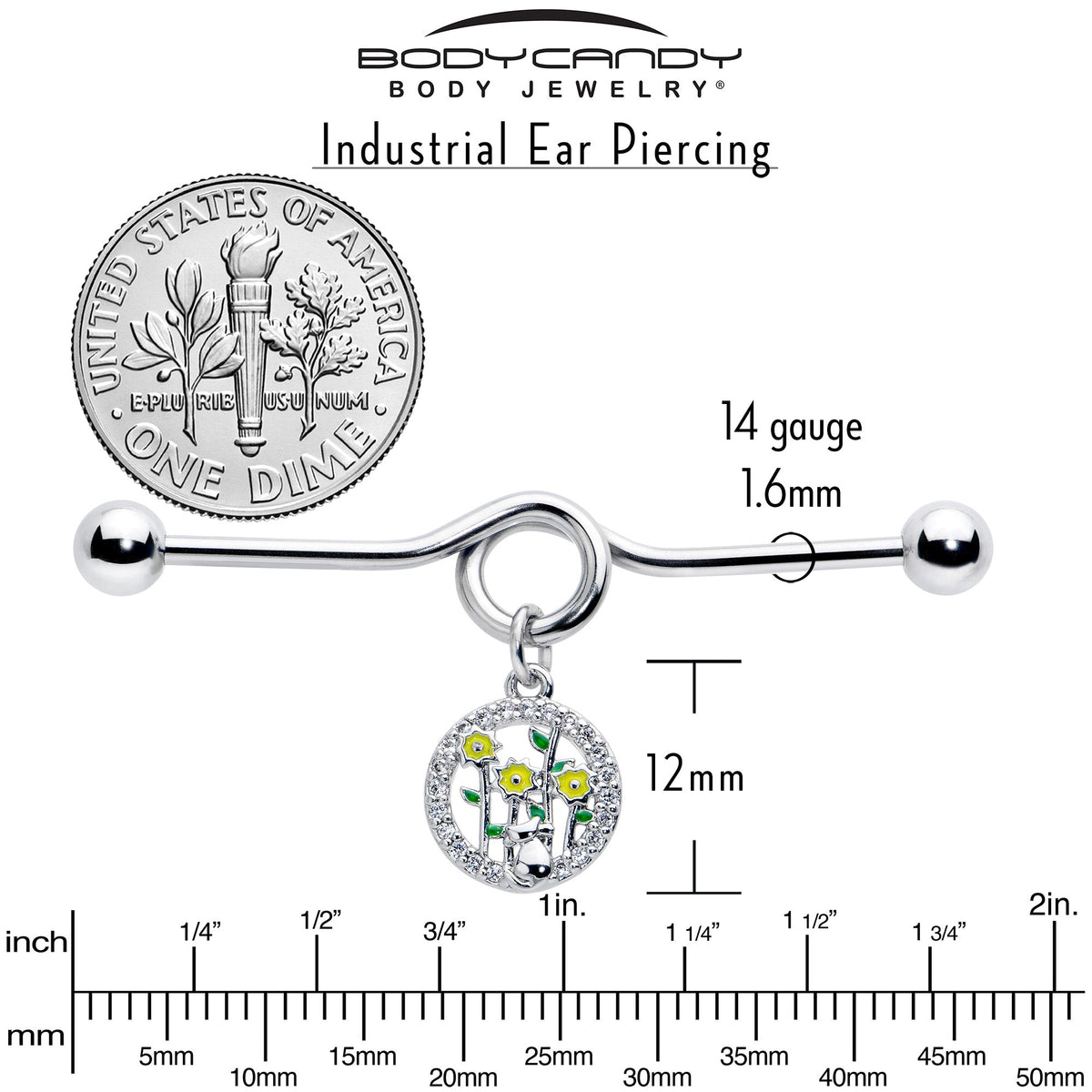 14G Clear Gem Cat Yellow Flowers Dangle Project Bar 38mm
