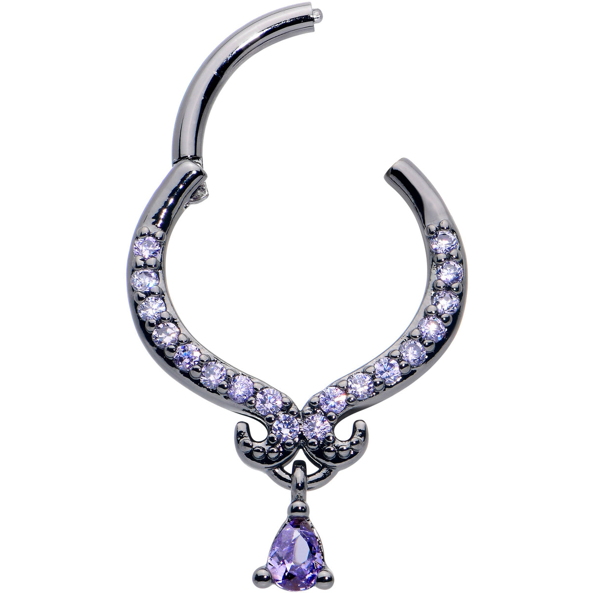 16G 3/8 Purple CZ Gem Black Elegant Curves Dangle Hinged Segment Ring