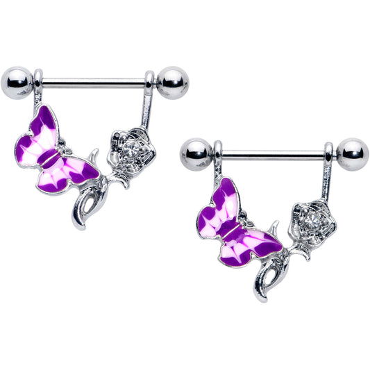 14G 9/16 Butterfly Purple Rose Flower Dangle Nipple Ring Set