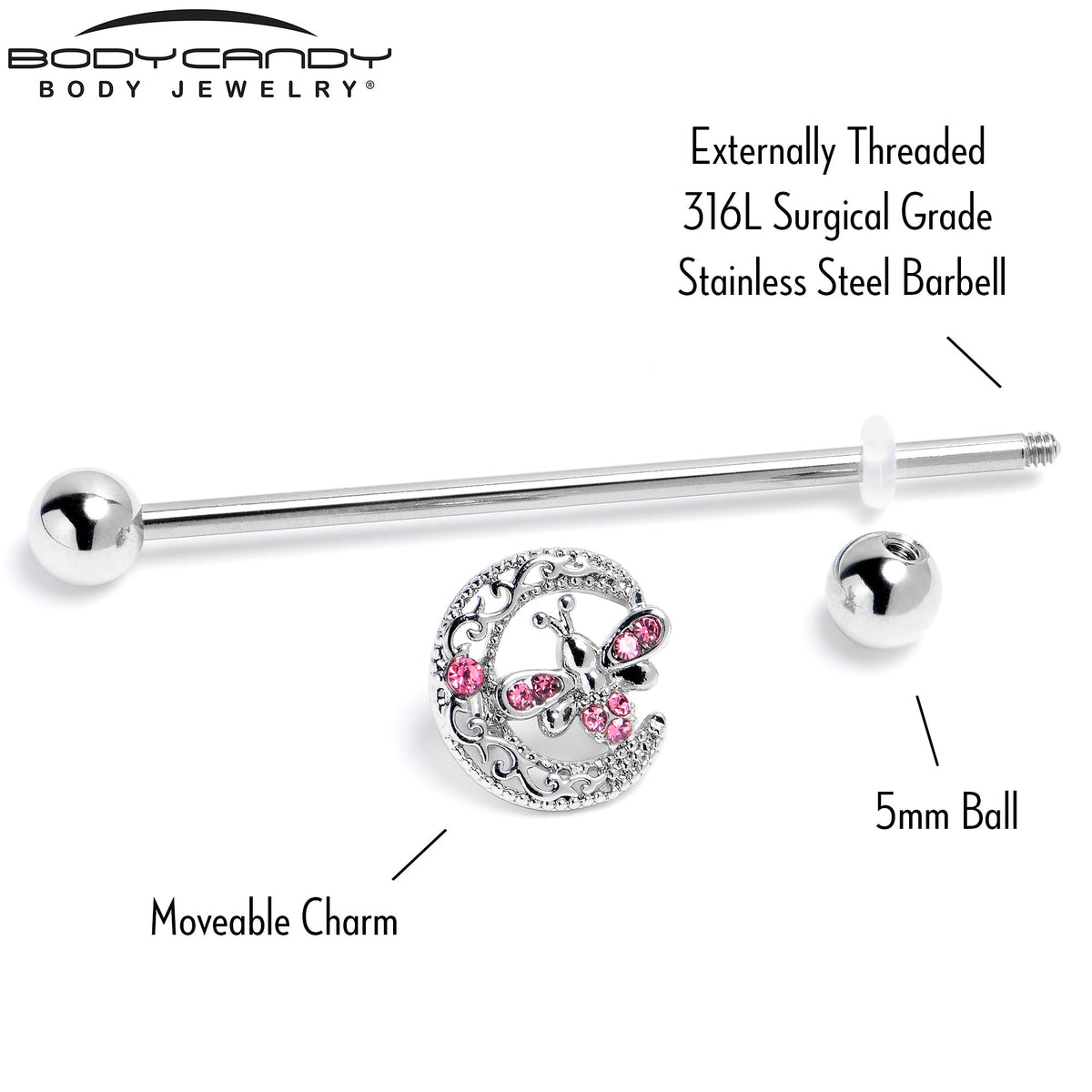 14G Pink Gem Lunar Dragonfly Industrial Barbell 38mm