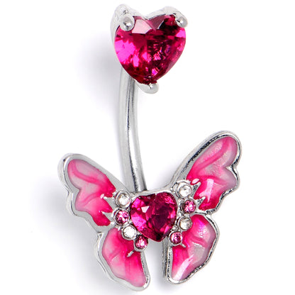 Pink CZ Gem Butterfly Love Heart Double Mount Belly Ring