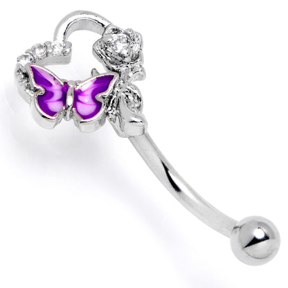 16G 5/16 Clear CZ Gem Butterfly Rose Purple Curved Eyebrow Ring
