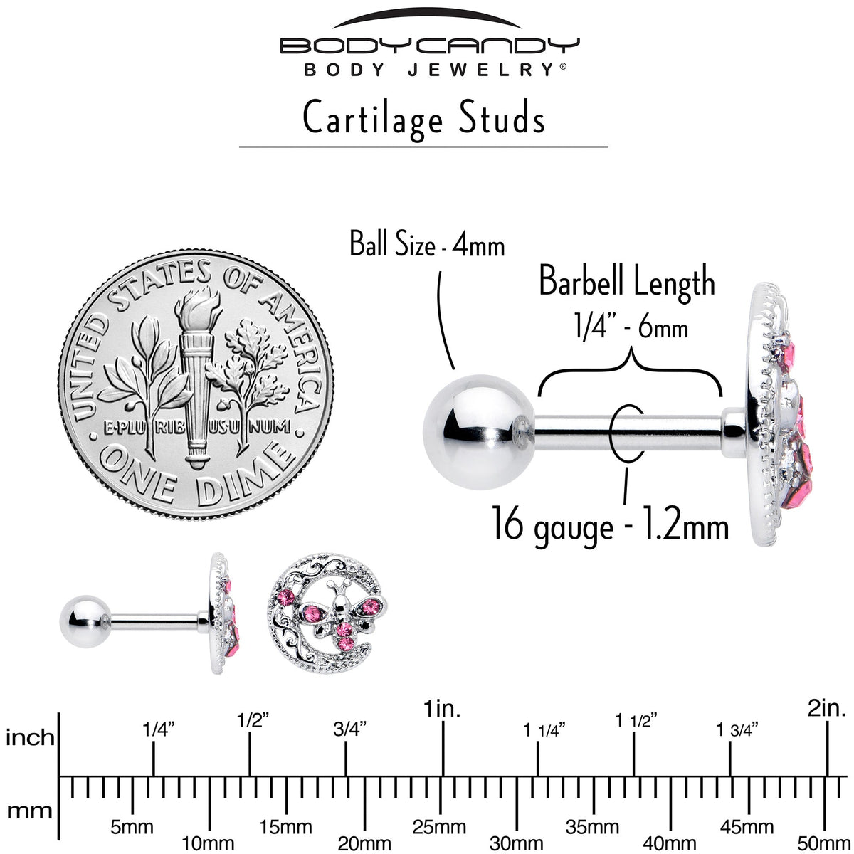 16G 1/4 Pink Gem Lunar Dragonfly Cartilage Tragus Earring