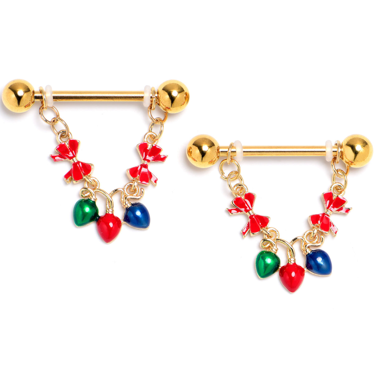 14G 9/16 Gold Tone Festive Bulbs Christmas Dangle Nipple Ring Set