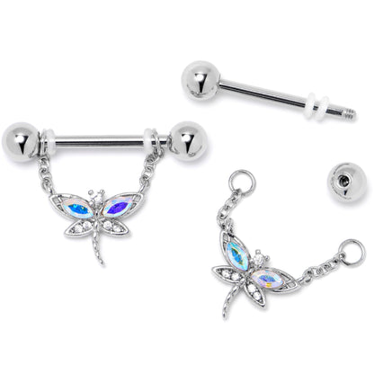 14G 9/16 Aurora CZ Gem Understated Dragonfly Dangle Nipple Ring Set