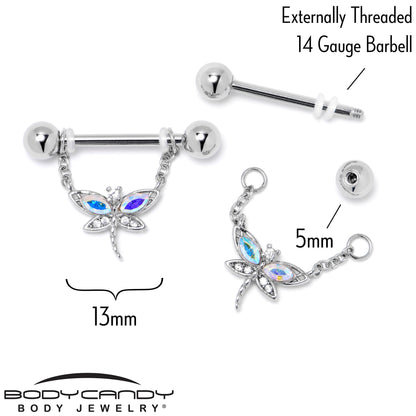 14G 9/16 Aurora CZ Gem Understated Dragonfly Dangle Nipple Ring Set