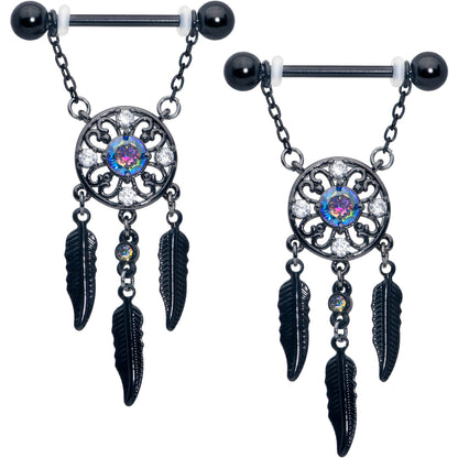 14G 9/16 Aurora CZ Gem Black Dreamcatcher Dangle Nipple Ring Set