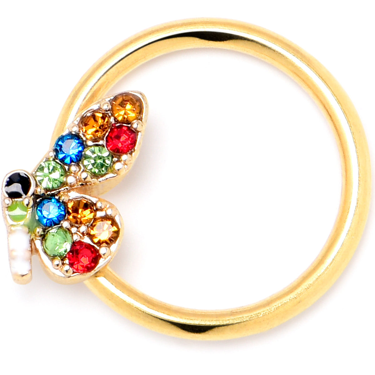16G 3/8 Red Blue Gem Gold Tone Butterfly BCR Captive Ring