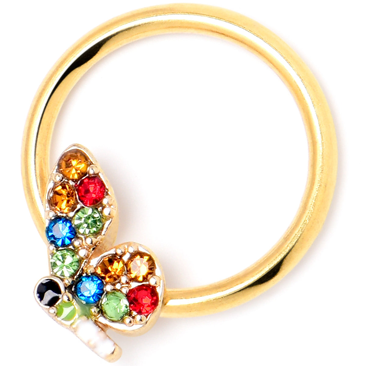16G 3/8 Red Blue Gem Gold Tone Butterfly BCR Captive Ring