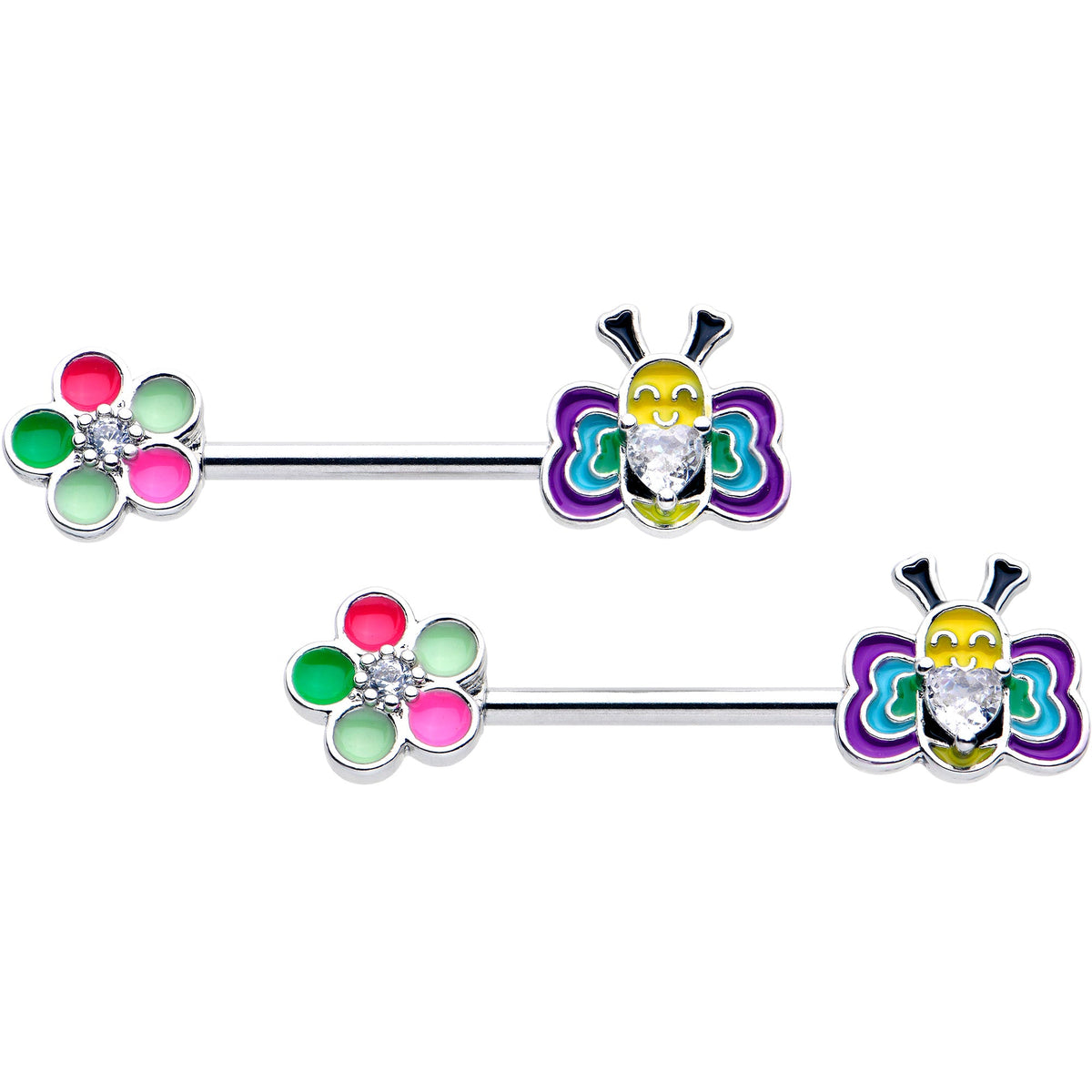 14G 9/16 Clear CZ Gem Butterfly Love Bug Barbell Nipple Ring Set
